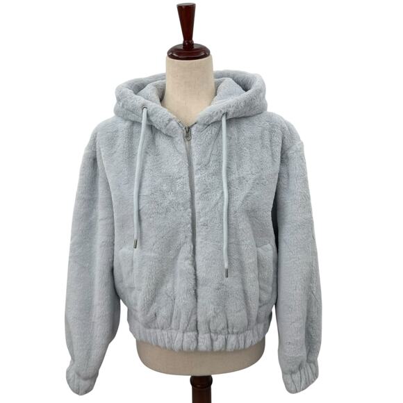 NEW Macy's Planet Heart Blue Fur Zip up Jacket Medium Bomber Hoodie Sweatshirt - Picture 1 of 8